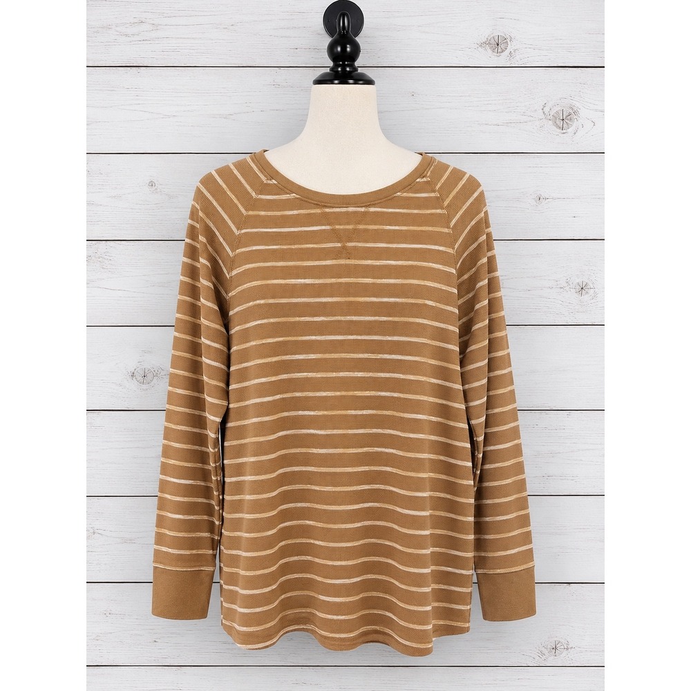 L.L.Bean Waffle Knit Thermal Top Size XL Tan Brown White Striped Cotton